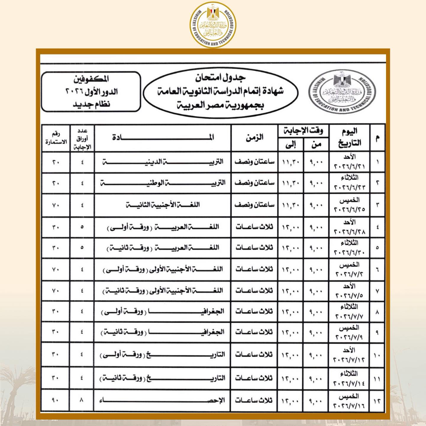 جدول امتحانات الثانوية العامة 2026 علمي رياضة 1 جدول امتحانات الثانوية العامة 2026 علمي رياضة 1